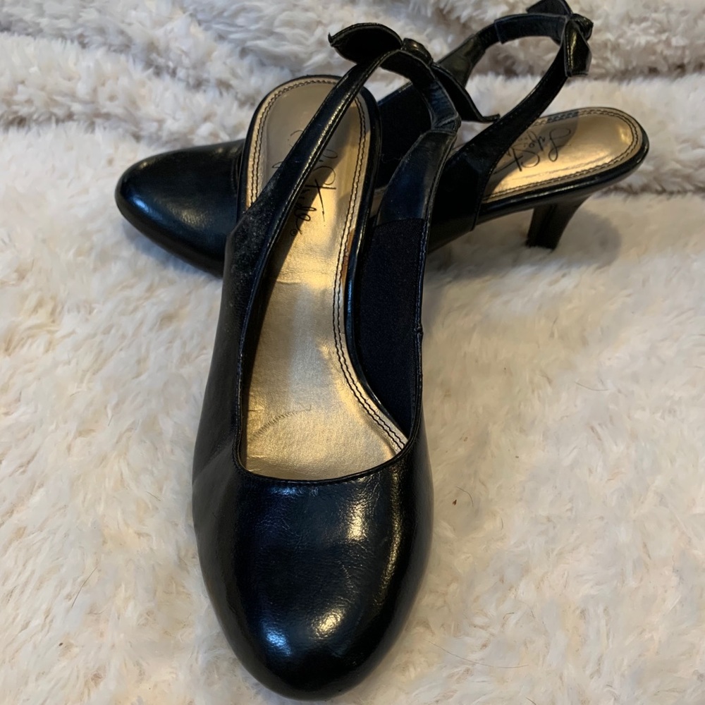 Black kitten heel sling backs